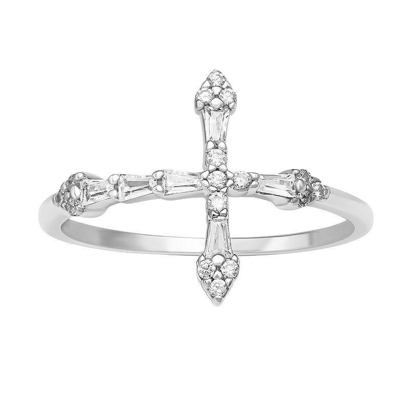 PRIMROSE Sterling Silver Cubic Zirconia Baguette Sideways Cross Ring, Womens Product Image