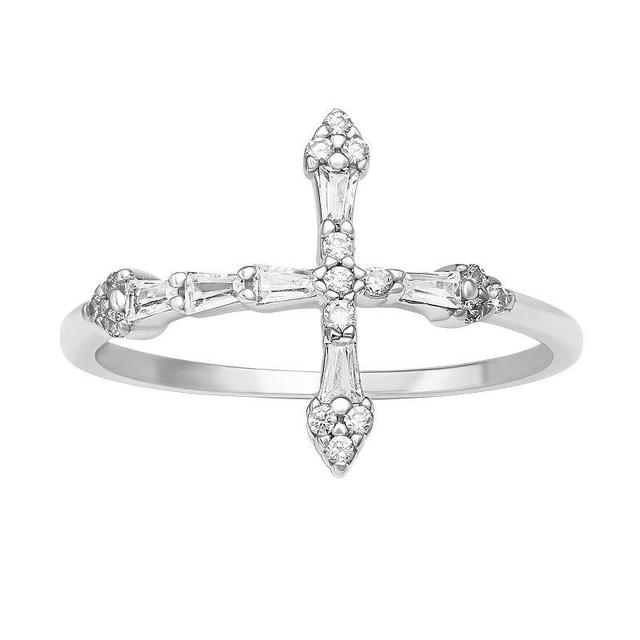 PRIMROSE Sterling Silver Cubic Zirconia Baguette Sideways Cross Ring, Womens Grey Product Image