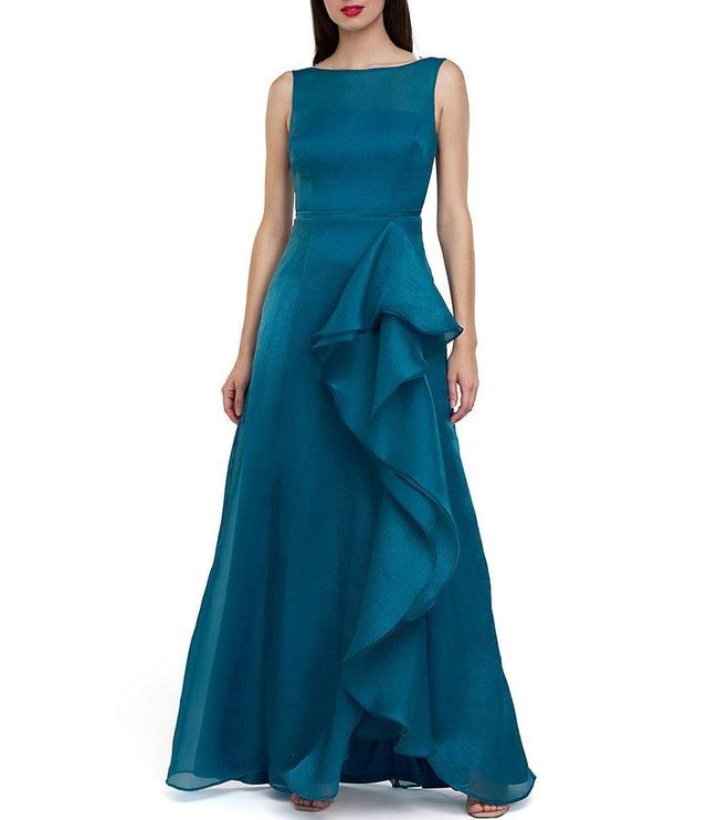 JS Collections Texture Organza Bateau Neck Sleeveless Oversize Ruffle Cascade Front Side Slit Hem Ball Gown Product Image