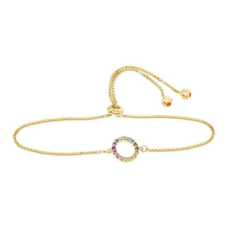 Sterling Silver Rainbow Cubic Zirconia Circle Bolo Bracelet, Womens 14k Gold Plated Product Image