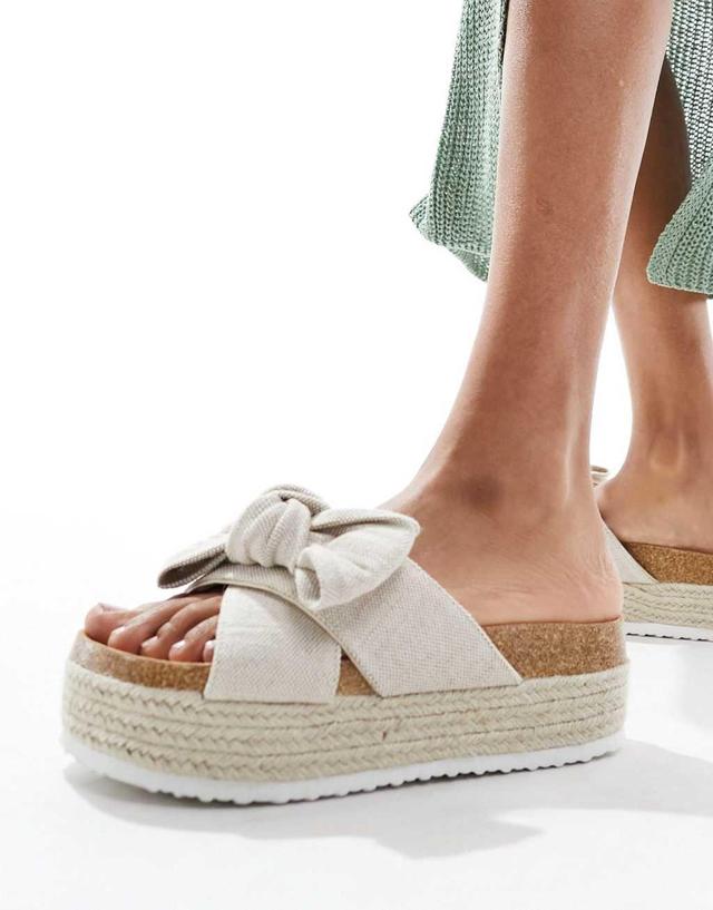 ASOS DESIGN Thankful bow detail flatform sandals in natural fabrication Product Image