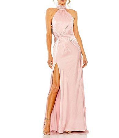 Ieena for Mac Duggal Side Ruched Satin Halter Gown Product Image