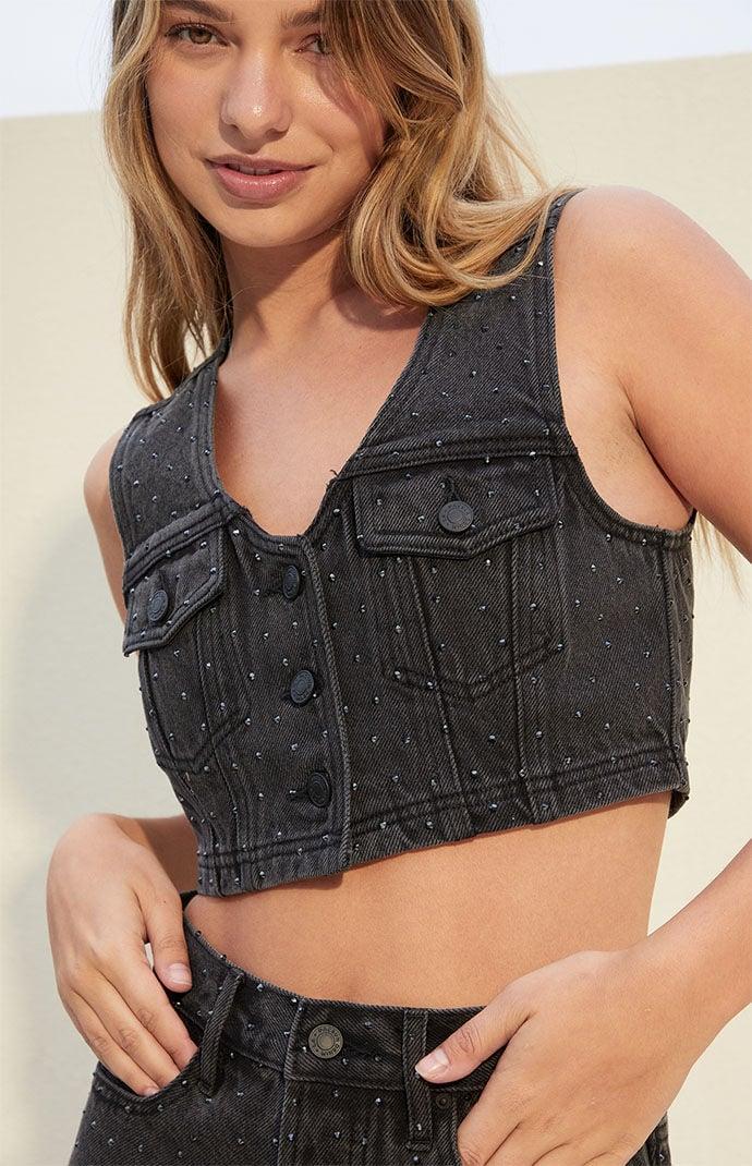 Womens Studded Ultra Cropped Denim Vest Product Image