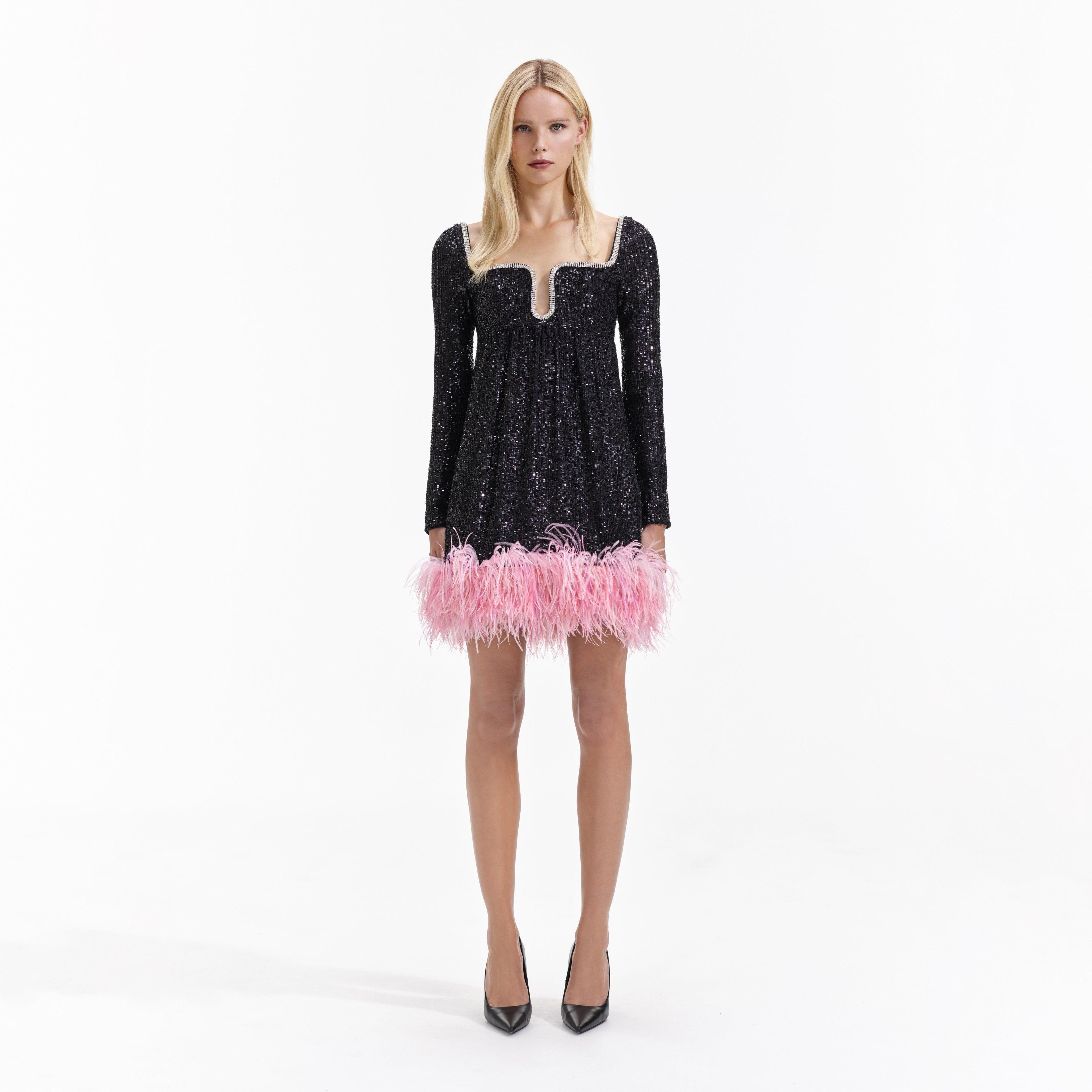 Black Sequin Feather Hem Mini Dress Product Image