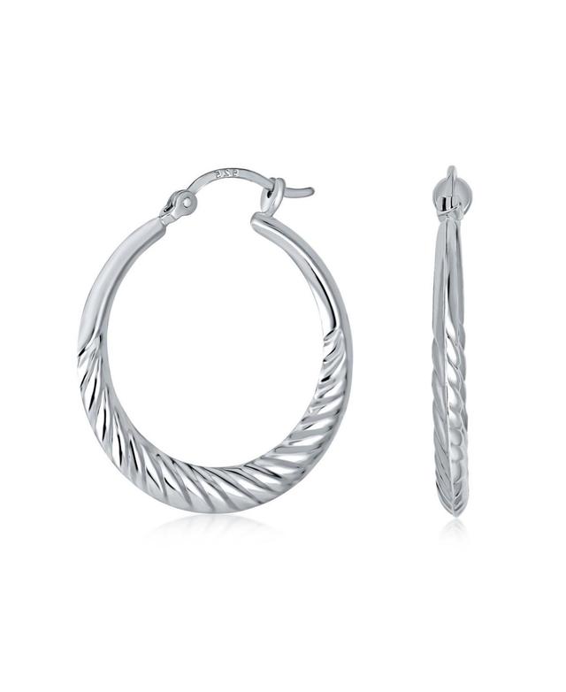 Bling Jewelry Light weight Slender Hollow Puff Ribbed Scalloped Shrimp Style Oval Tube Hoop Earrings For Women .925 Sterling Silver 1.25 Inch Product Image