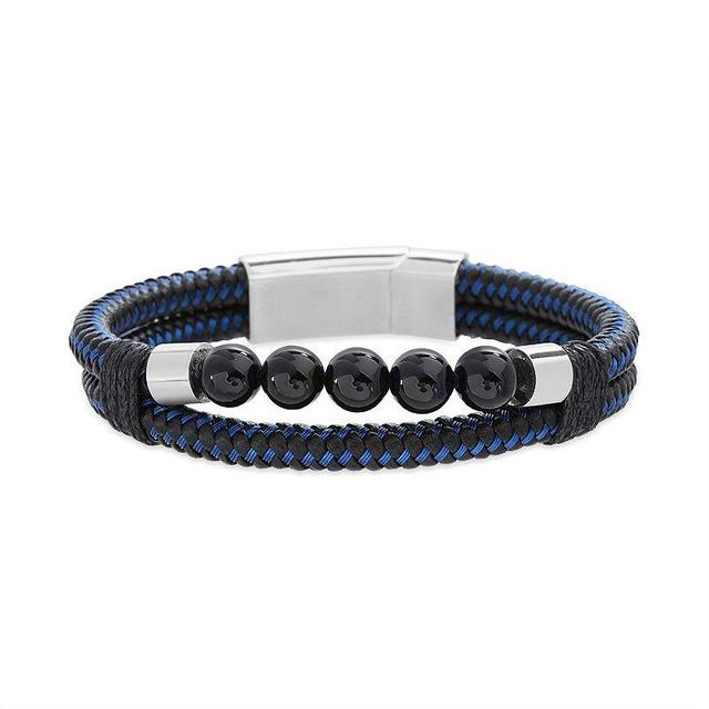 1913 Woven Black & Blue Leather & Lab-Created Onyx Bead Bracelet, Mens Product Image