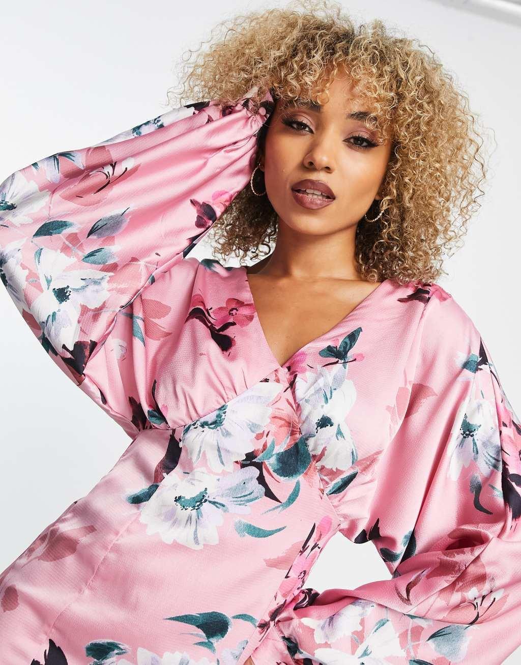 Liquorish satin maxi dress with kimono sleeve in dusky pink floral  Product Image