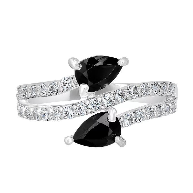 Belk Silverworks Sterling Silver Black Onyx And Cubic Zirconia Pear Cut Bypass Ring, 7 Product Image