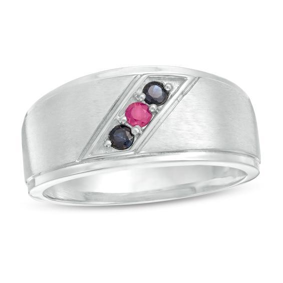 Men's Birthstone Slant Multi-Finished Stepped Edge Ring (3 Stones) Product Image