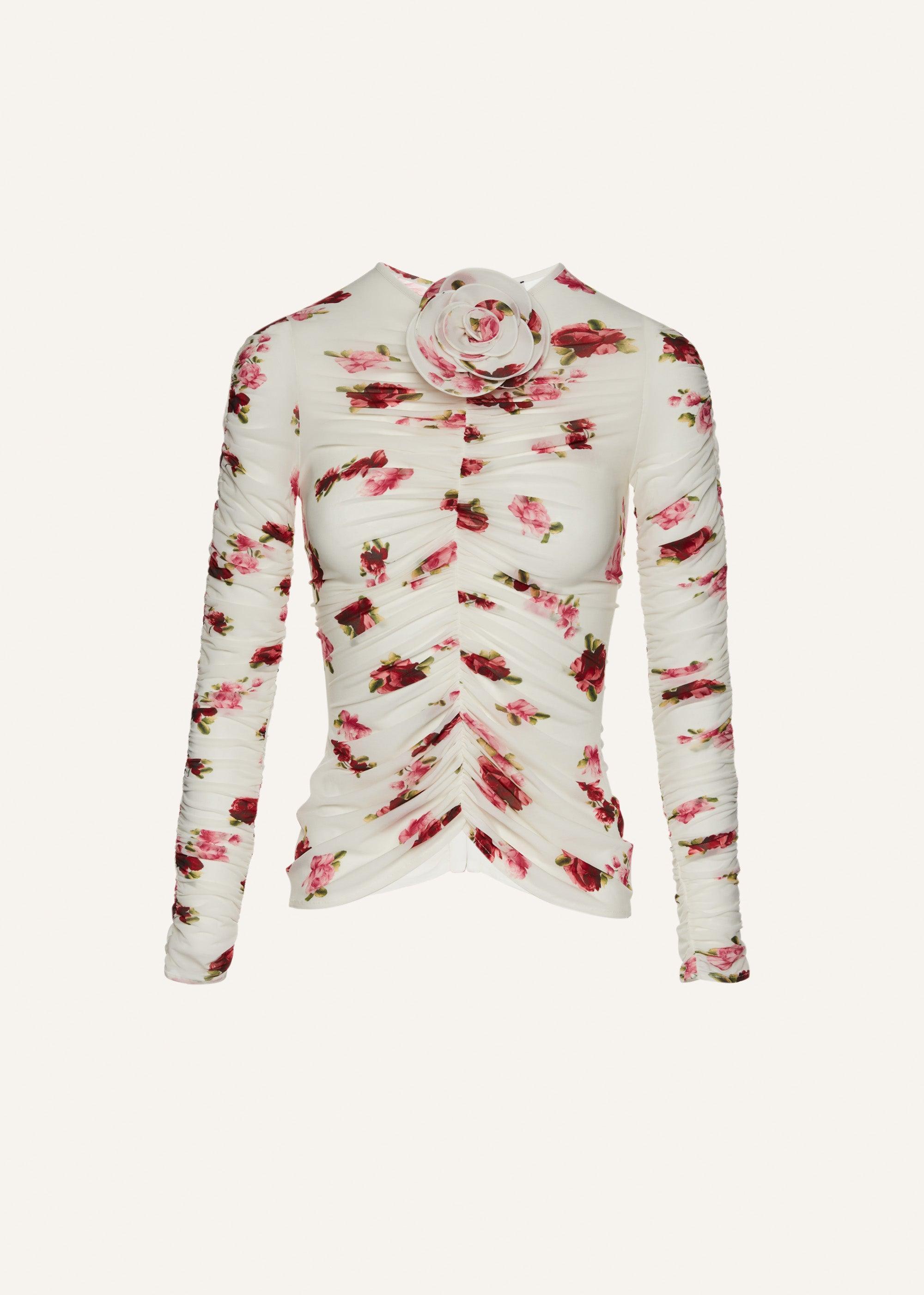 Sheer ruched rose appliqué top in cream print Product Image