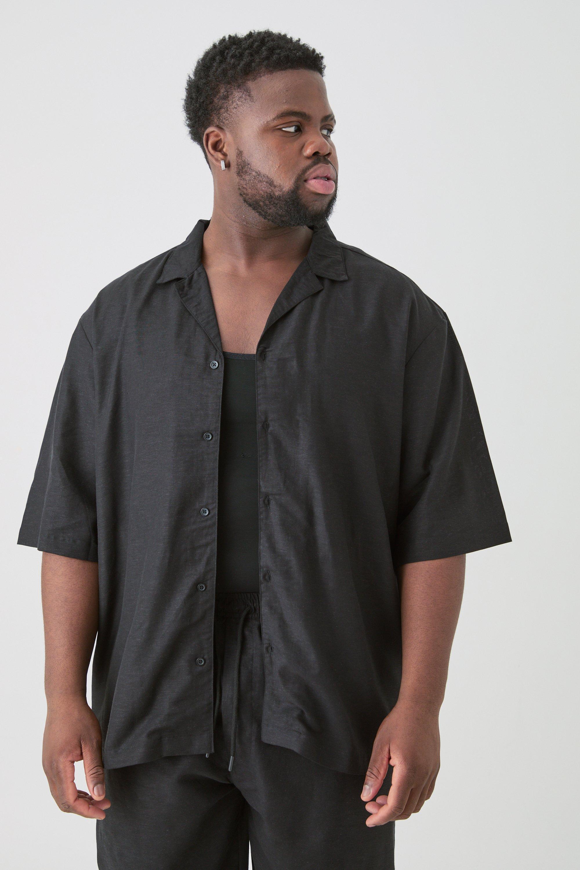 Mens Plus Linen Oversized Revere Shirt In Black, Black Product Image