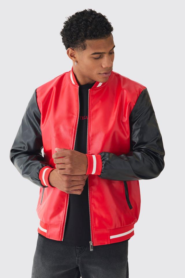 Plain PU Varsity Jacket In Red | boohooMAN USA Product Image