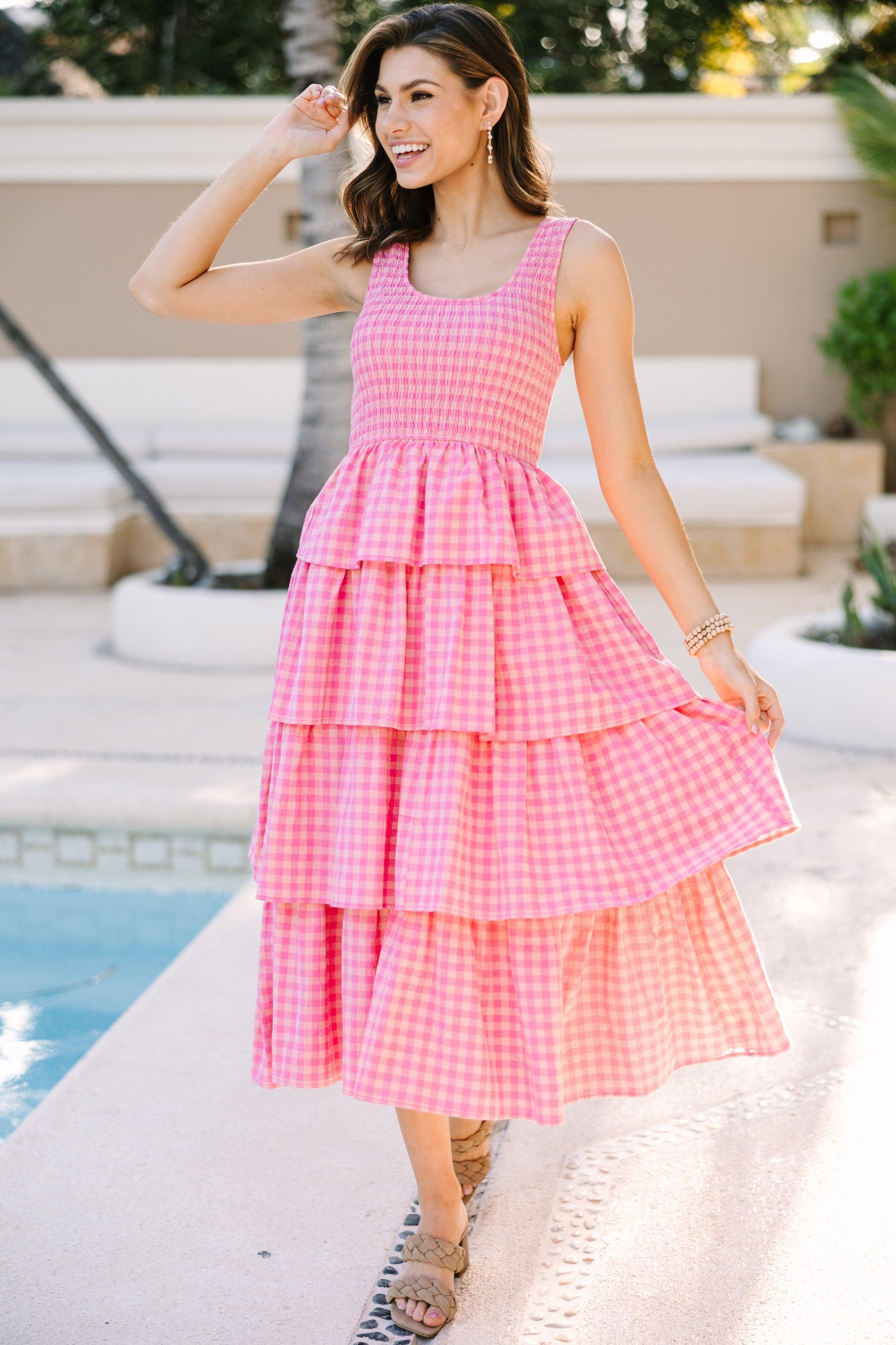 Look Your Way Pink Gingham Midi Dress Female Product Image