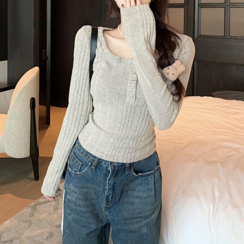 Long-Sleeve Henley Melange Ribbed Knit Top Product Image