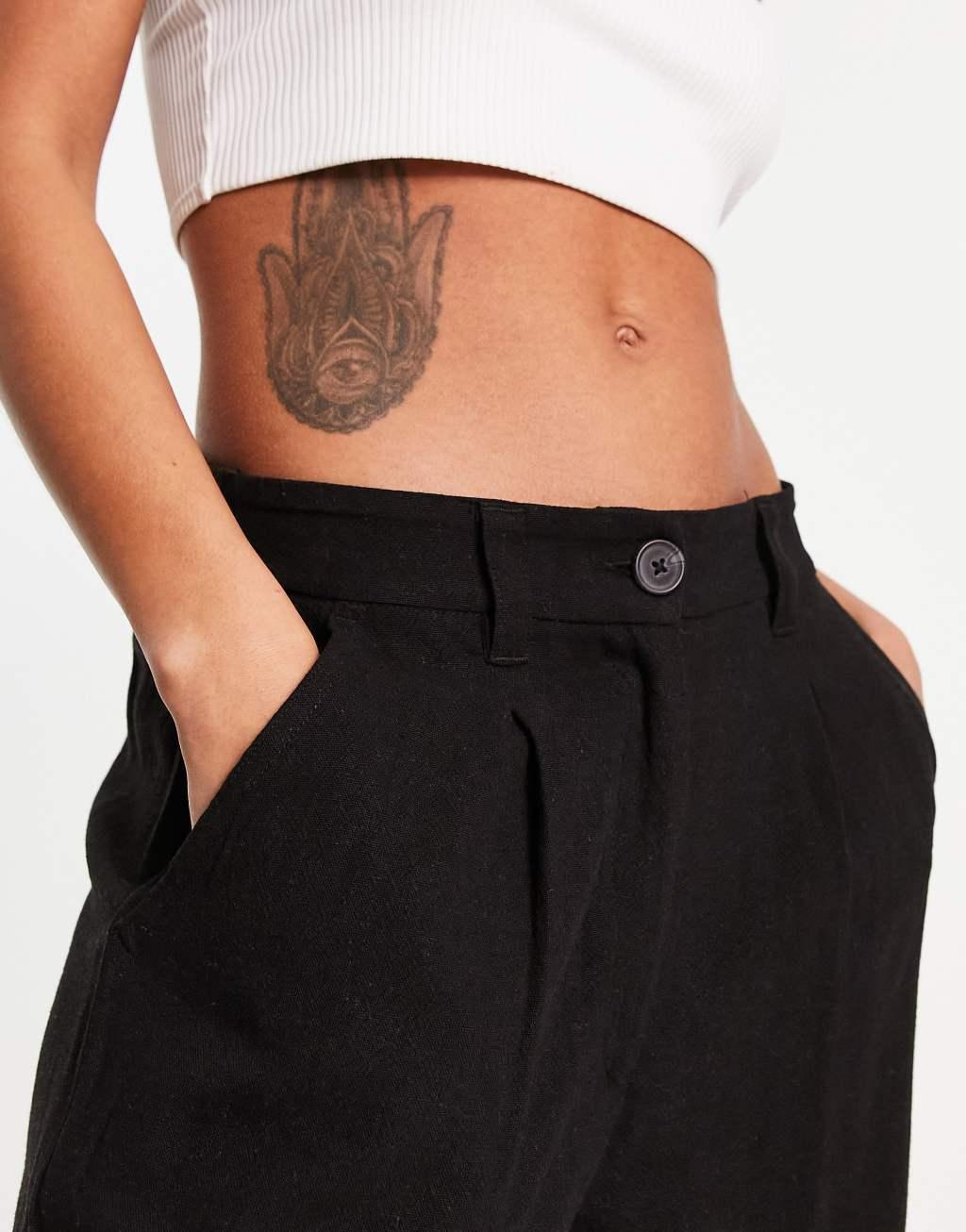 ASOS DESIGN wide leg dad pants with linen in black  Product Image