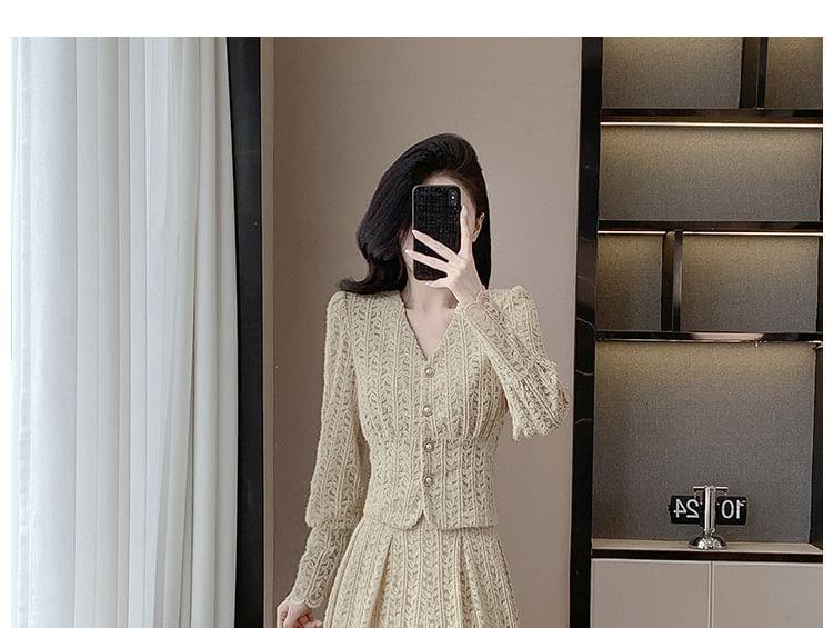 Set: Long-Sleeve V-Neck Lace Top + High Rise Midi A-Line Skirt Product Image