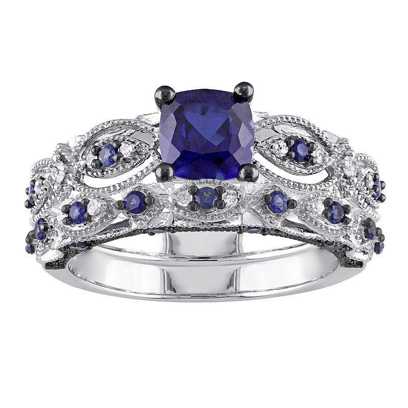 Stella Grace 10k White Gold Lab-Created Sapphire & 1/10 Carat T.W. Diamond Vintage Filigree Engagement Ring Set, Womens Blue Product Image