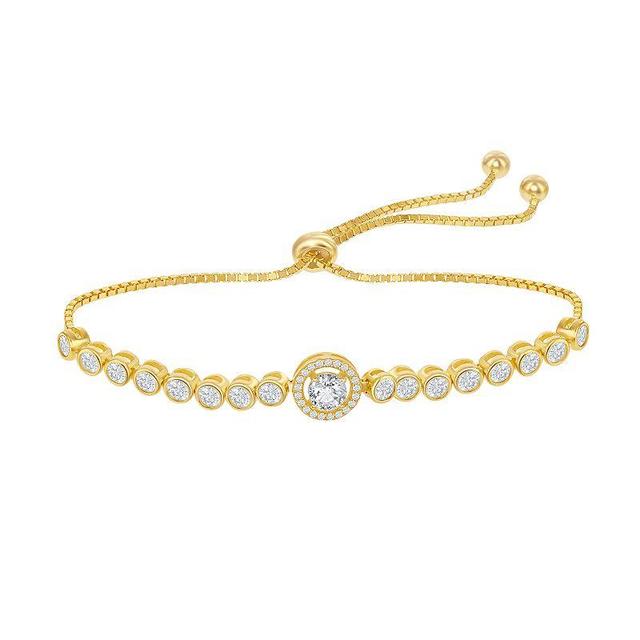 Sterling Silver Round Halo Cubic Zirconia Bolo Bracelet, Womens 14k Gold Plated Product Image