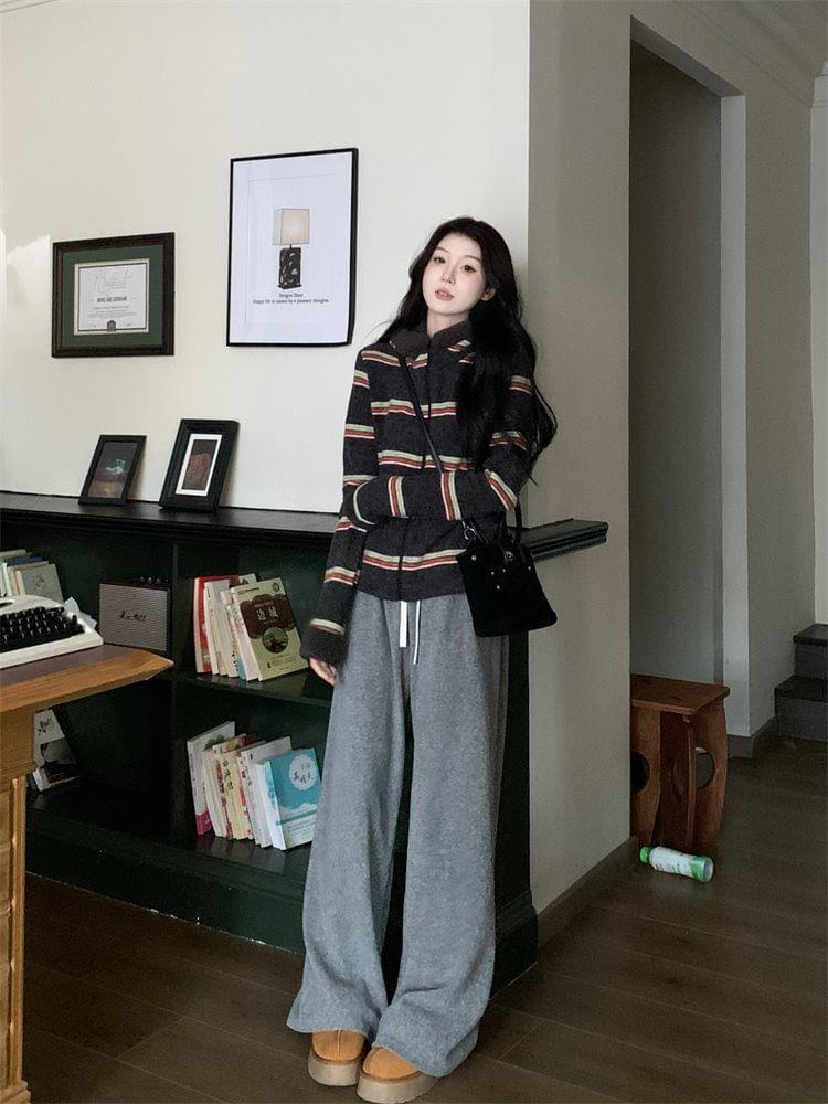 Striped Fleece Trim Zip-Up Hoodie / Drawstring Waist Plain Wide Leg Sweatpants Product Image