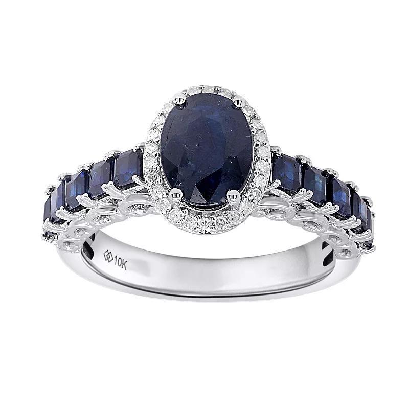 10k White Gold Sapphire 1/8 Carat T.W. Diamond Halo Ring, Womens Blue Product Image