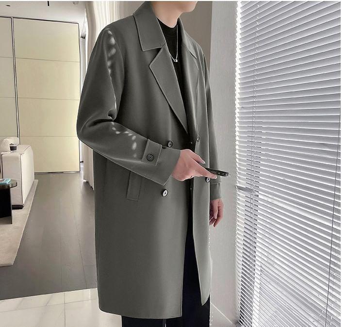 Notch Lapel Plain Double-Breasted Long Trench Coat Product Image