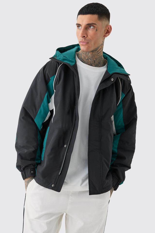 Tall Hooded Colour Block Parka Jacket In Black | boohooMAN USA Product Image