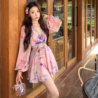 Long-Sleeve V-Neck Floral Print Mini A-Line Dress Product Image