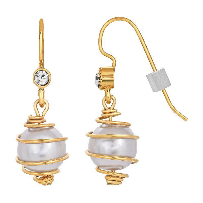 1928 Gold Tone Simulated Pearl Wire Wrapped Drop Earrings, Womens, White Product Image