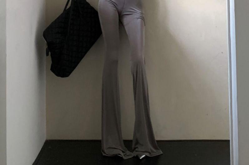 Long-Sleeve V-Neck Plain Flared Jumpsuit Product Image