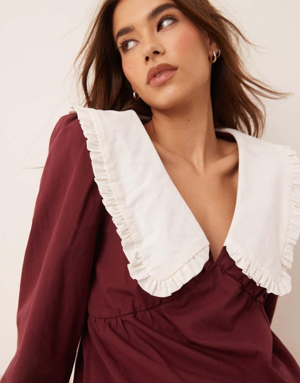 ASOS DESIGN poplin contrast collar blouse in burgundy Product Image