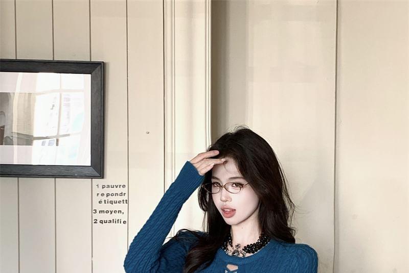 Long-Sleeve Crew Neck Plain Cutout Cable Knit Slim Fit Top Product Image