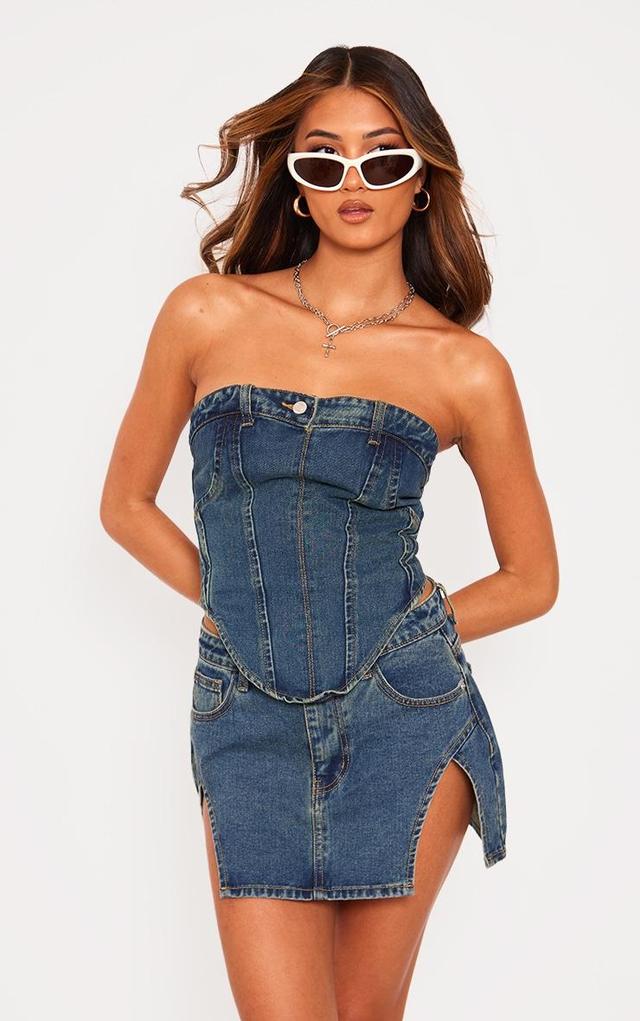 Indigo Vintage Wash Jean Waistband Detail Denim Corset Top Product Image