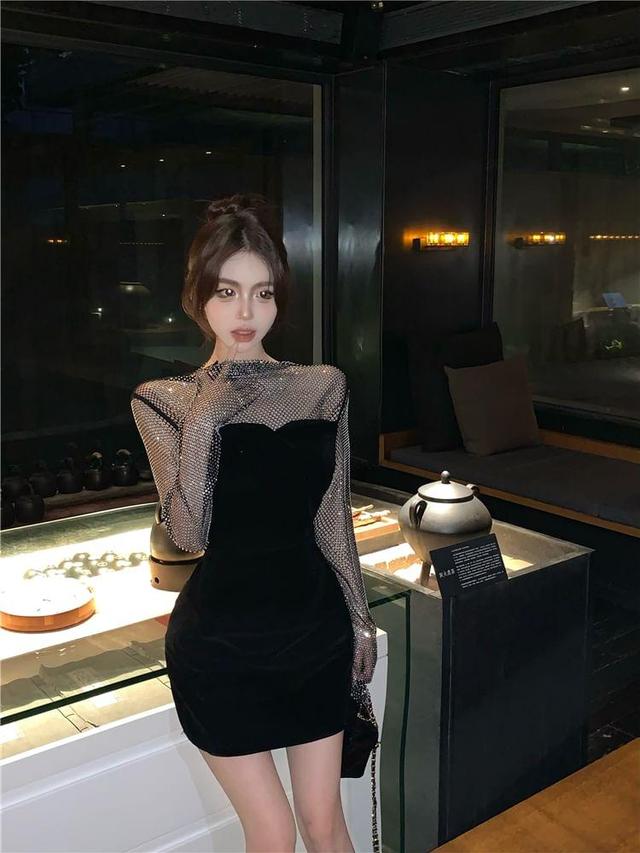 Long Sleeve Boat Neck Mesh Panel Rhinestone Velvet Bodycon Mini Dress Product Image