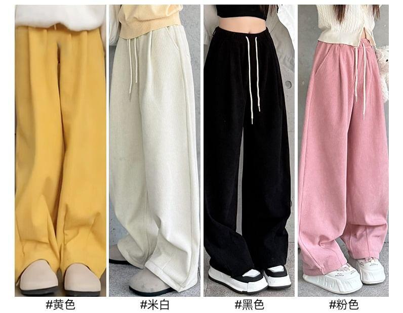 Drawstring Waist Plain Corduroy Wide Leg Pants Product Image