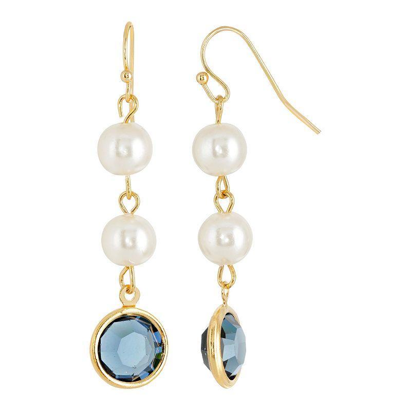 1928 Gold Tone Simulated Pearl & Crystal Drop Earrings, Womens, Blue Product Image