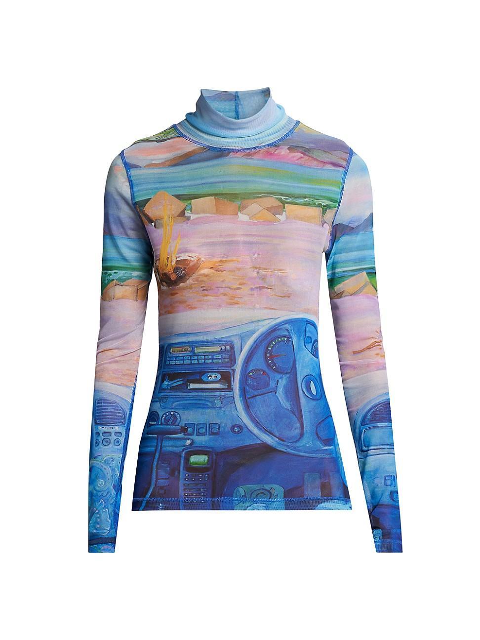 Womens Printed Mesh Turtleneck Top Product Image