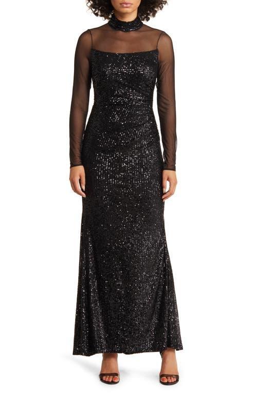 Eliza J Sequin Mesh Lace Long Sleeve Gown Product Image