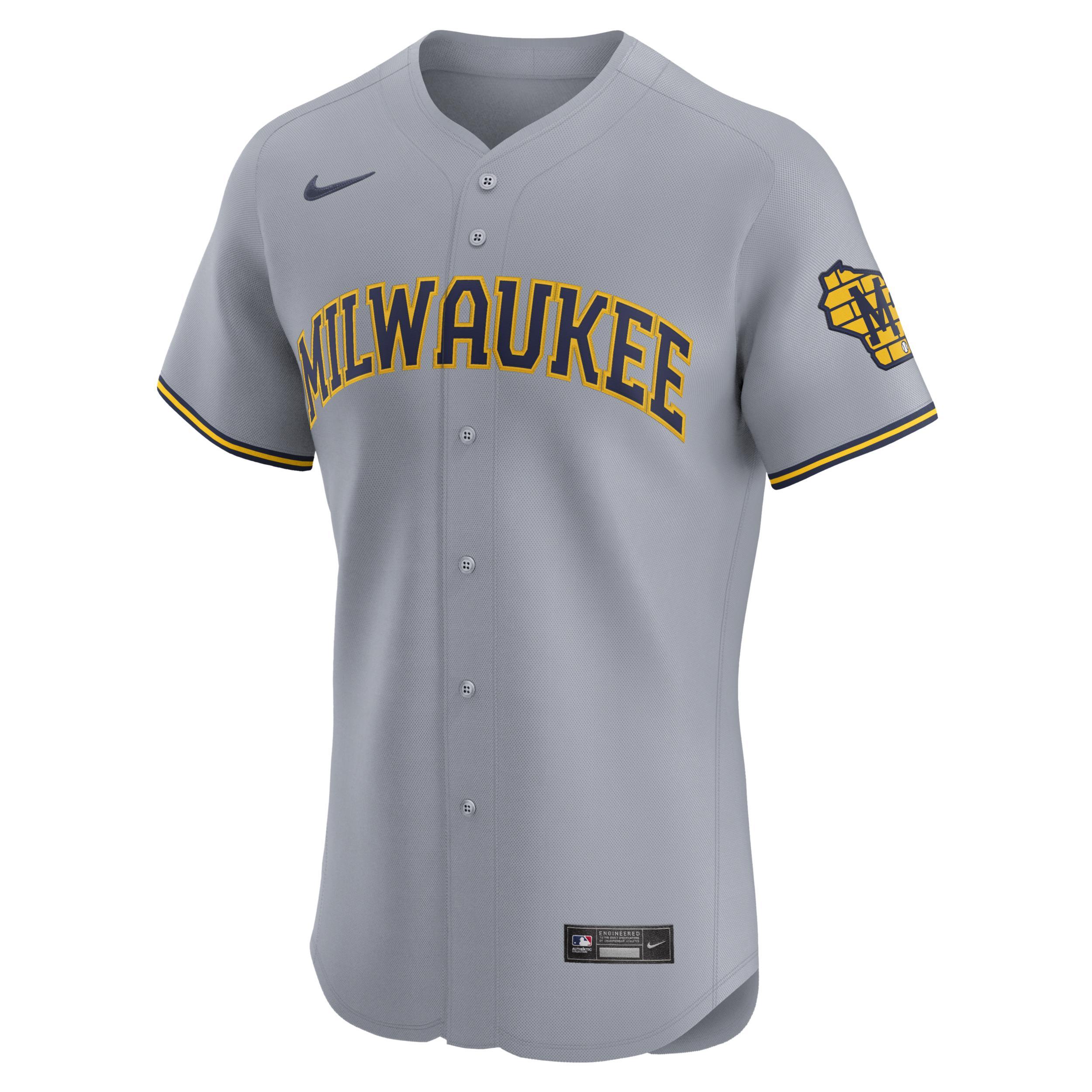 Nike Mens Gray Milwaukee Brewers Road Vapor Premier Elite Patch Jersey - Gray Product Image