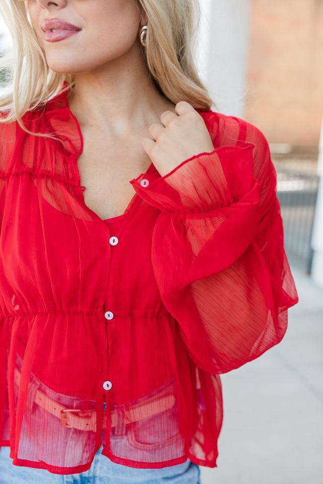 Breathe Deeper Red Sheer Ruched Blouse FINAL SALE Product Image