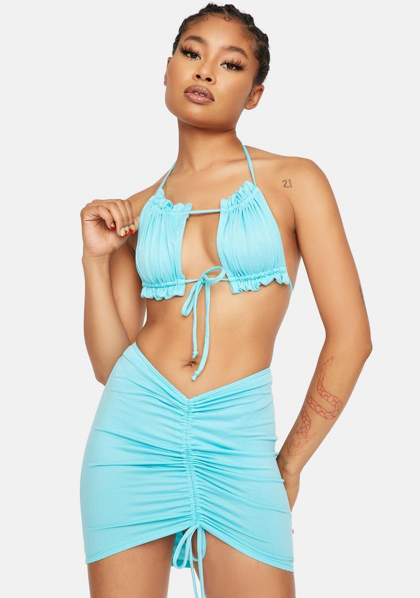 Ruffle Detail Top And Ruched Drawstring Mini Skirt - Blue product image