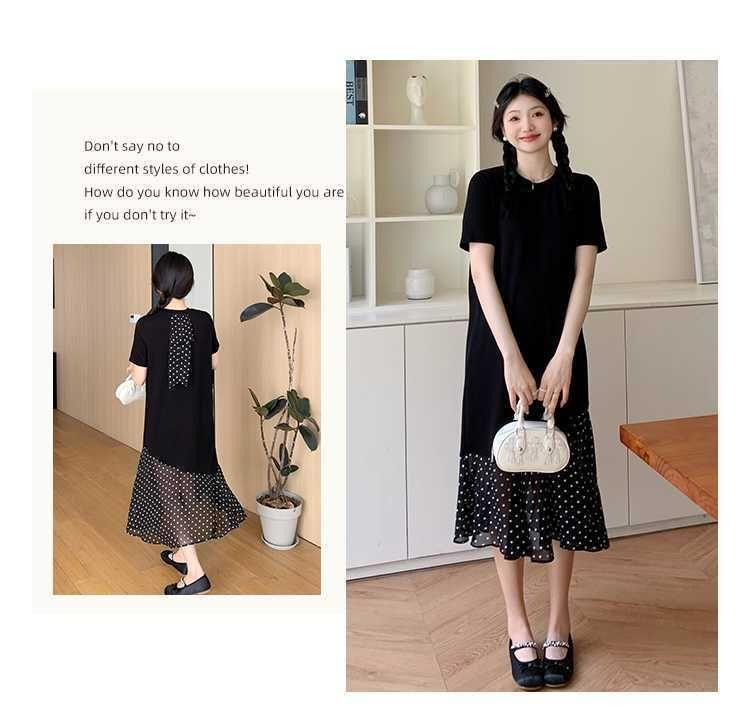 Maternity Short-Sleeve Crew Neck Dotted Panel Midi Sundress Product Image