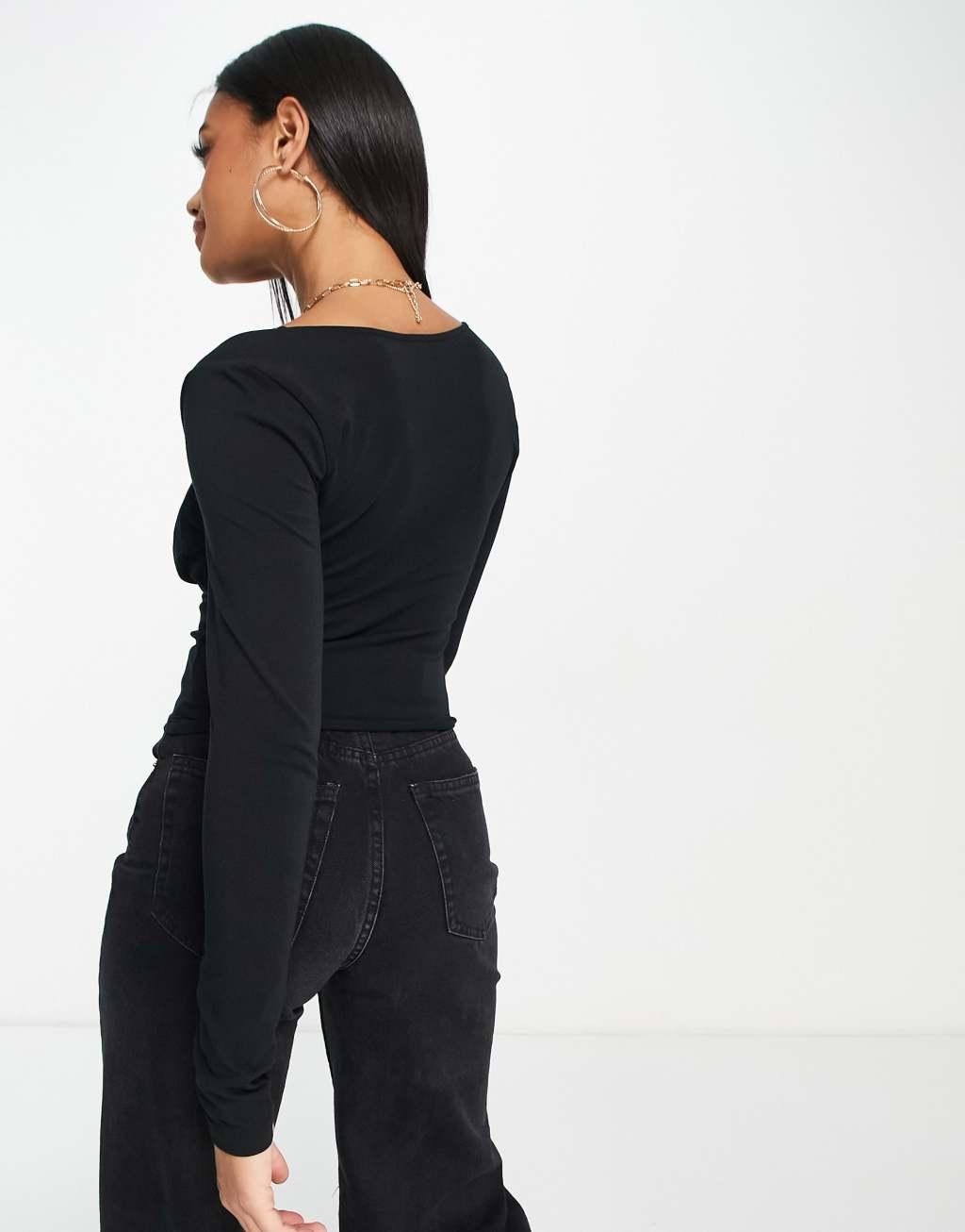 ASOS DESIGN gathered bust detail long sleeve top in black Product Image