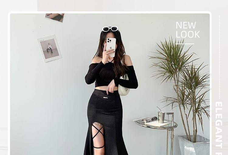 High Rise Cross Slit Midi Mermaid Skirt Product Image