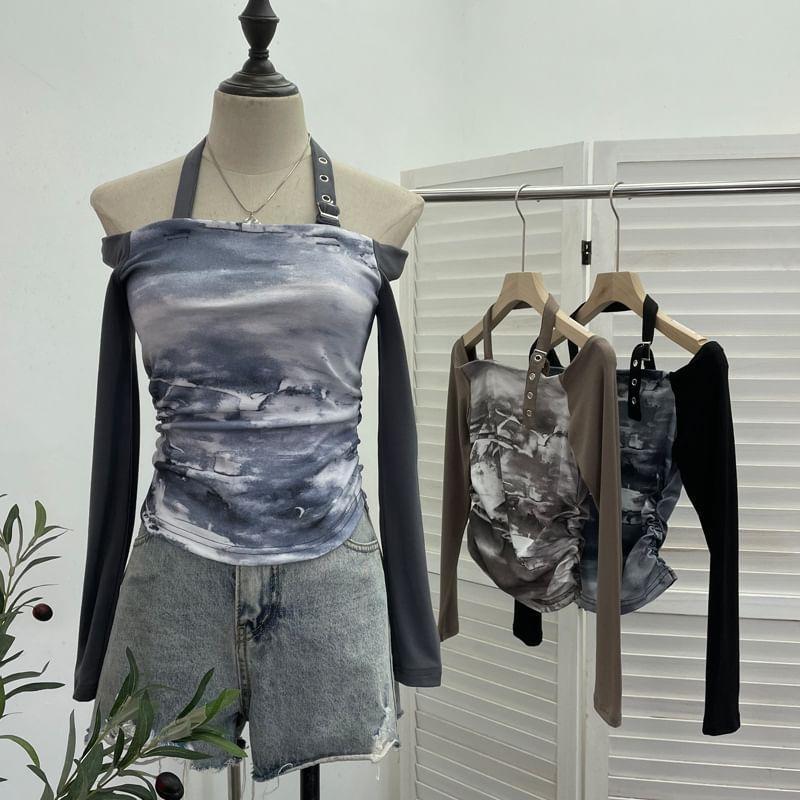 Long-Sleeve Halter Neck Tie Dye Top Product Image