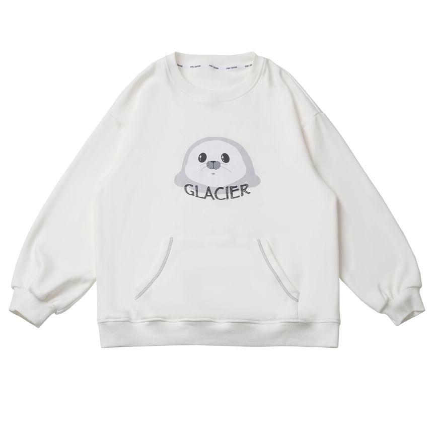 Round Neck Seal Cub Print Fleece-Lined Sweatshirt Product Image