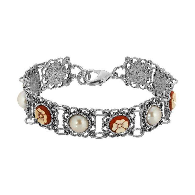 1928 Silver Tone Enamel & Simulated Pearl Flower Cameo Bracelet, Womens, Orange Product Image