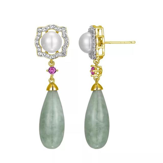 Dynasty Jade 18k Gold over Sterling Silver Genuine Jade, Freshwater Cultured Pearl, White Topaz & Lab-Created Pink Sapphire Teardrop Drop Earrings, Womens, Gold Tone Product Image