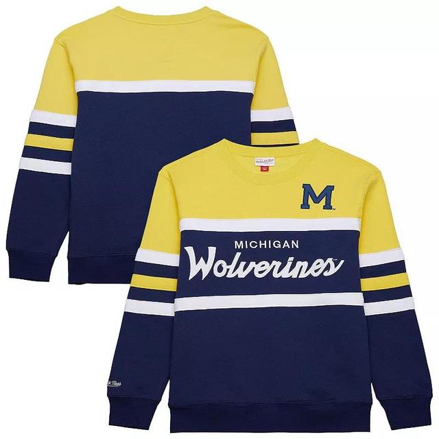 Mens Mitchell & Ness Michigan Wolverines Vintage Logo Head Coach Fleece Pullover Sweatshirt Blue Product Image