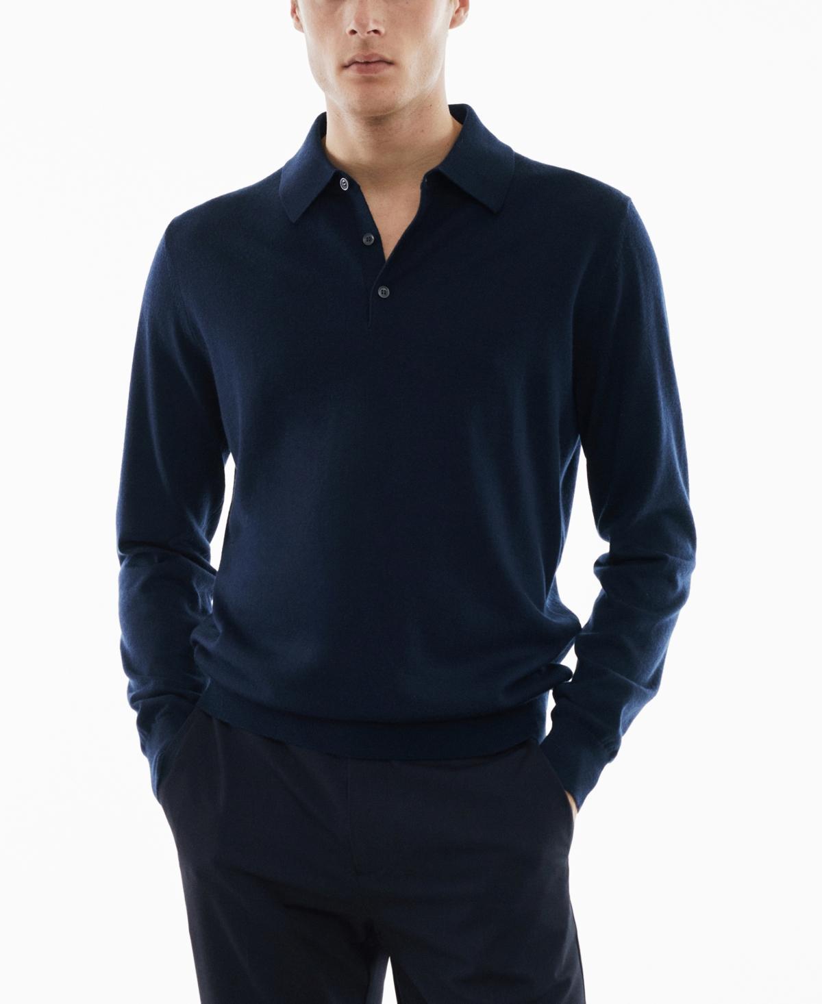 MANGO MAN - 100% merino wool long- sleeved polo shirt navyMen Product Image