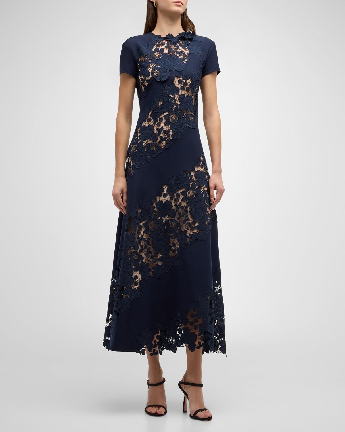 Oscar de la Renta Short Sleeve Lace Inset Midi Dress Product Image